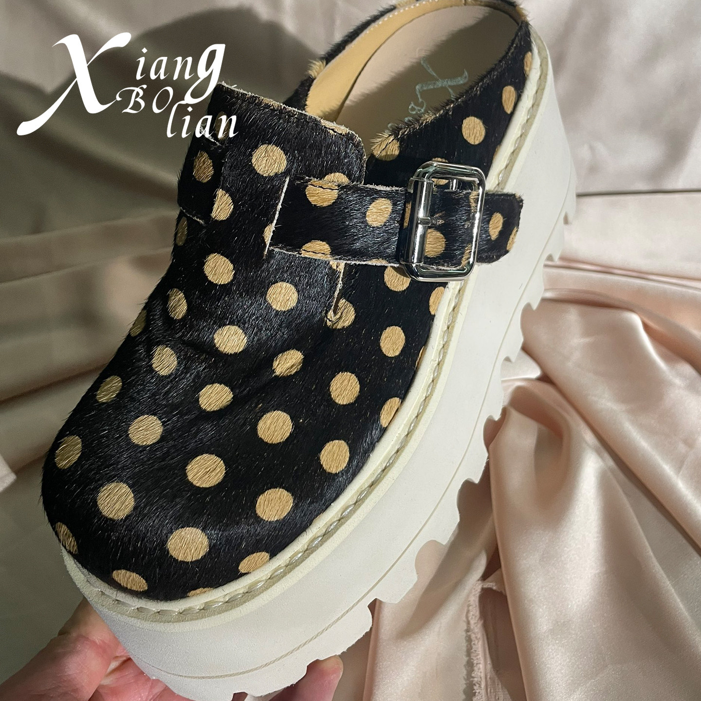 YANGDASHU 手工鞋黑白波点马毛增高厚底拖鞋子女外穿高级感博肯鞋