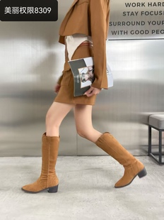 美丽权限官方正品8309法式高端定制款尖头粗跟短靴高跟鞋时装靴