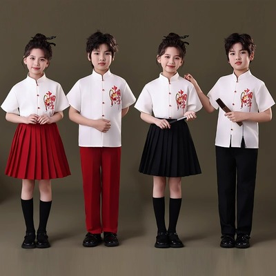 儿童中国风演出服红色马面裙套装六一合唱班服小学生运动会表演服