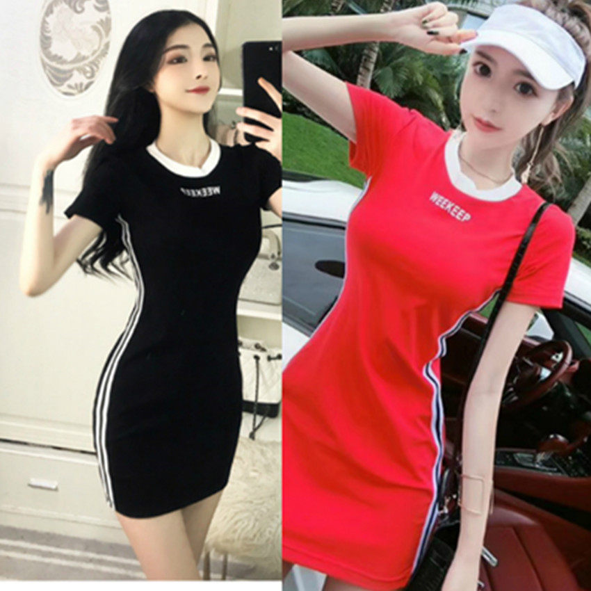 网红风侧边条纹休闲修身棉质闺蜜连衣裙女夏装2025新款潮夏季裙子