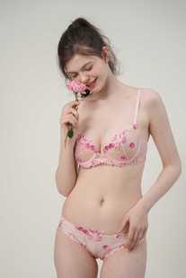 美背透明胸罩 夏季 性感显小胸内衣女薄款 超薄蕾丝玫瑰大胸显小套装