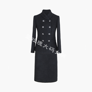 兰玫瑰大码女装秋冬新款羊毛气质长袖双排金属扣外套+一步裙