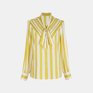 蓝玫瑰大码女装春夏新款黄白条纹设计衬衫温柔飘带领长袖衬衣
