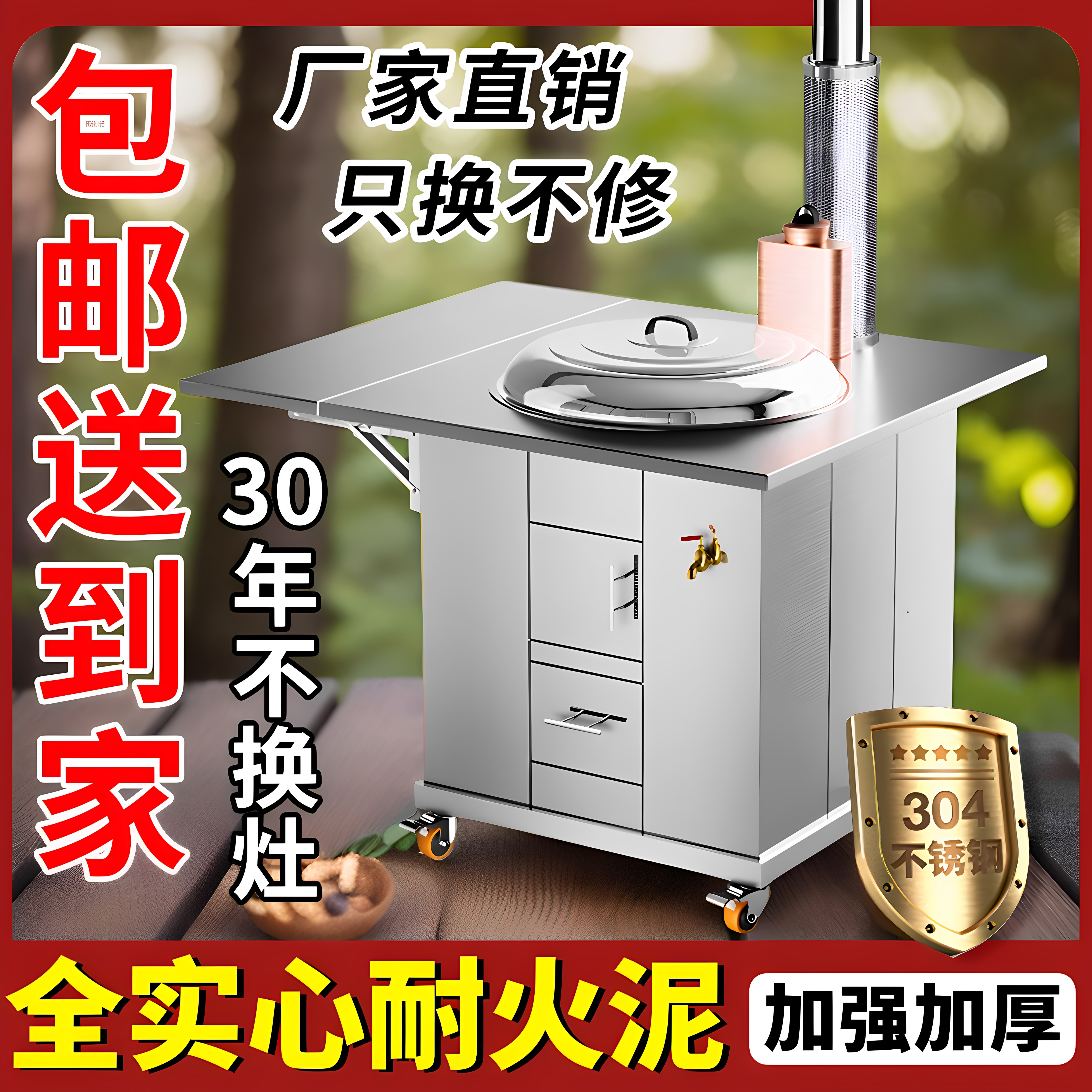老味道新款特厚304不锈钢家用无烟柴火炉灶可移动户外节能省柴灶
