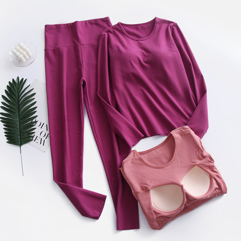 保暖套装长袖女简约无钢圈带胸垫