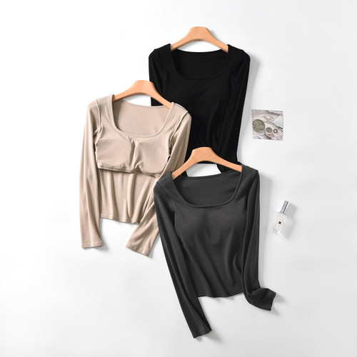 带胸垫一体方领保暖打底长袖t恤