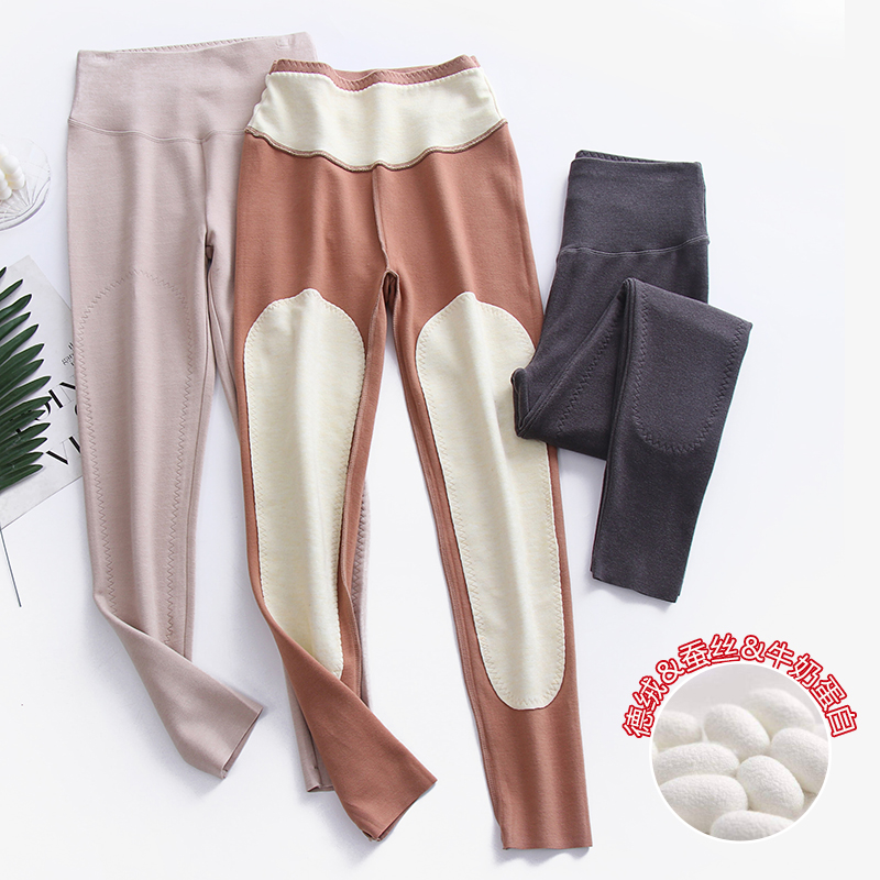 高腰女加厚德绒蚕丝贴片保暖长裤
