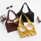 莫代尔带胸垫挂脖吊带背心女短款 露脐上衣内搭运动打底防走光抹胸