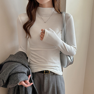 天丝莱赛尔半高领螺纹长袖t恤女内搭秋冬季修身正肩灰色上衣外穿