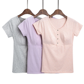 T恤上衣喂奶衣月子服夏装 纯棉前开扣哺乳衣外出夏季 孕妇产后短袖
