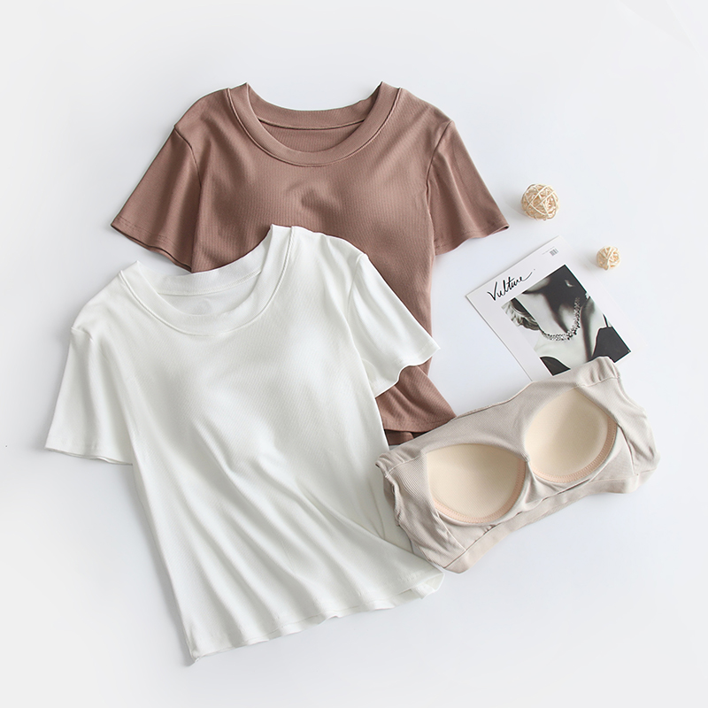 螺纹莫代尔女带胸垫短袖T恤上衣