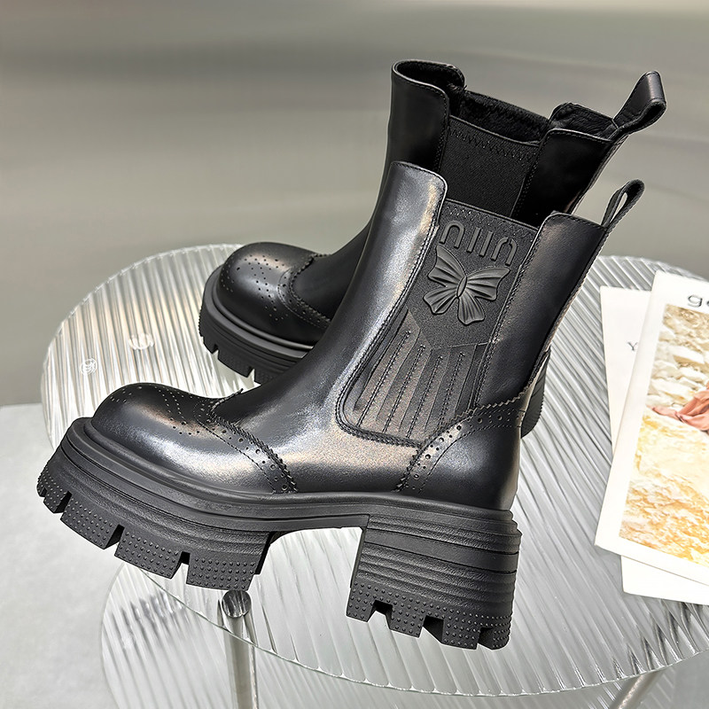 真皮切尔西短靴女增高复古马丁靴