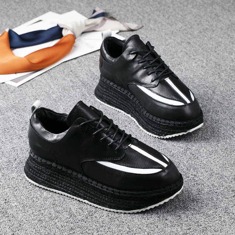 欧洲站春夏厚底拼色系带休闲单鞋