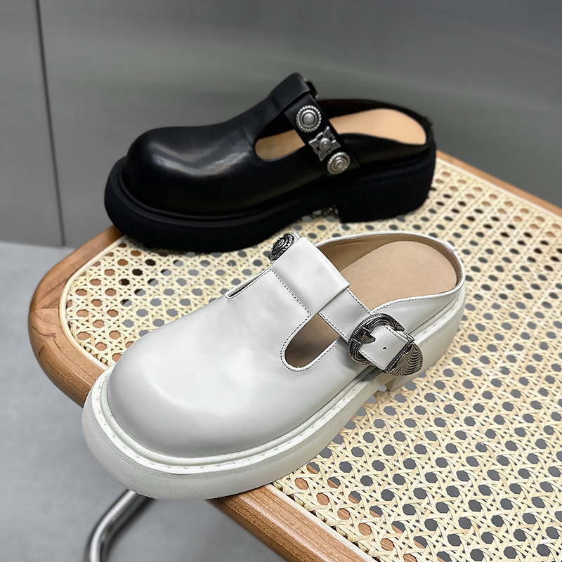 胎牛皮增高厚底外穿包头半拖鞋女