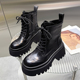 系带厚底马丁靴女2025新款 英伦风真皮时尚 圆头粗跟增高骑士短靴女