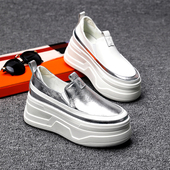 女2025秋季 新款 板鞋 真皮增高松糕厚底小白鞋 轻便一脚蹬运动休闲鞋