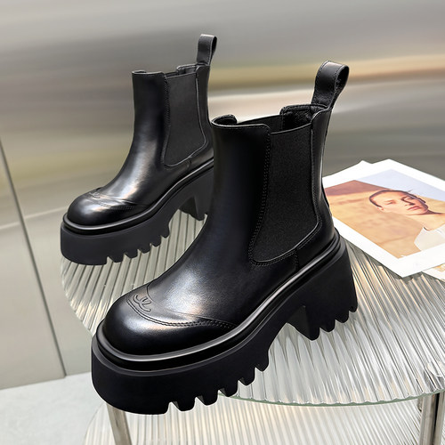 欧货真皮粗跟8cm切尔西马丁靴女