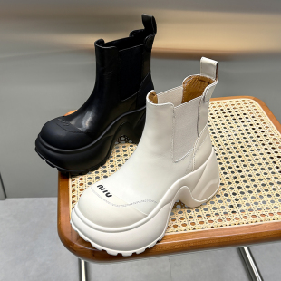 胎牛皮松糕厚底切尔西靴2025秋新款 真皮大头短靴8cm增高马丁靴女