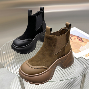 山山女靴2025秋冬新款 松糕厚底反绒皮切尔西短靴女复古8cm马丁靴