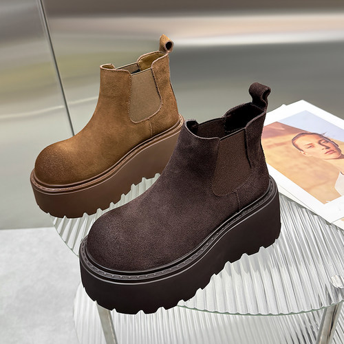 山山真皮松糕厚底套筒英伦风短靴