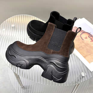 松糕厚底切尔西短靴女2025新款 炸街英伦风反绒皮大头坡跟马丁靴子