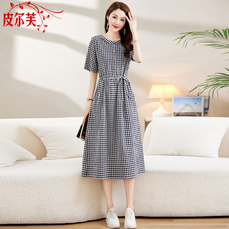 千鸟格黑白格子高端棉麻连衣裙女