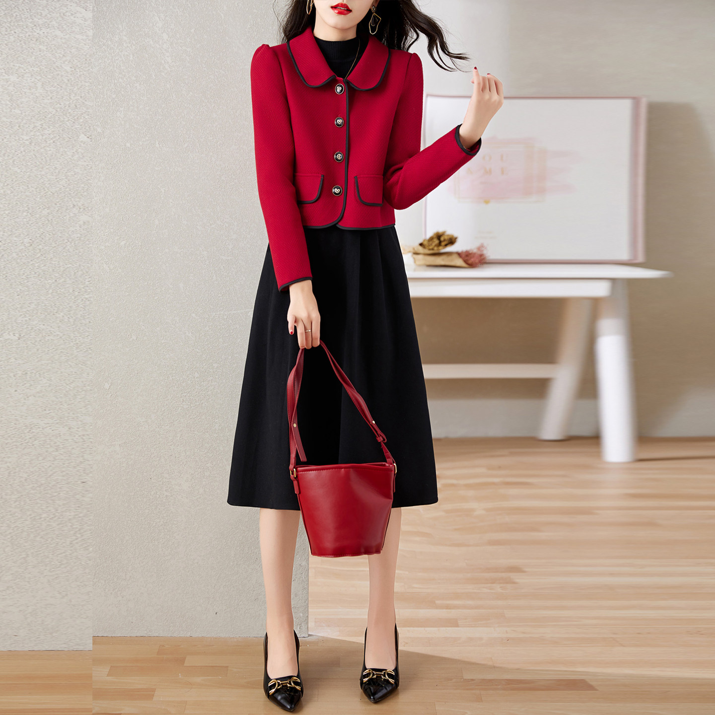 小香风红色毛呢套装女春秋冬季新款大方得体搭配外套半身裙两件套,女装/女士精品,时尚套装,淘宝优惠券,粉丝福利购,淘宝优惠卷