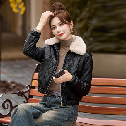 加绒加厚皮衣女短款2024秋冬新款气质百搭小个子PU皮夹克棉服外套
