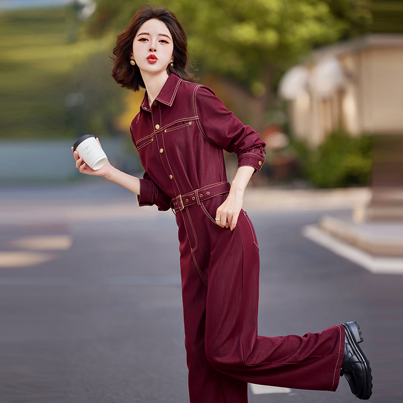 安哥拉红牛仔连体裤女装2024春秋季新款休闲工装阔腿裤长裤连衣裤