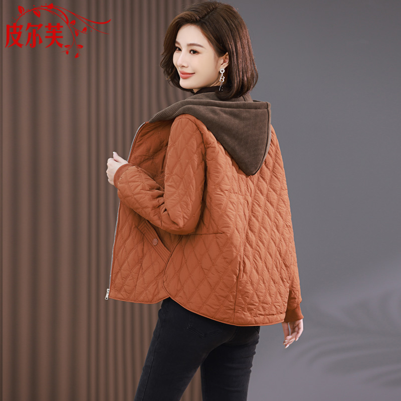 贵夫人桔红色轻薄夹棉棉服女冬季