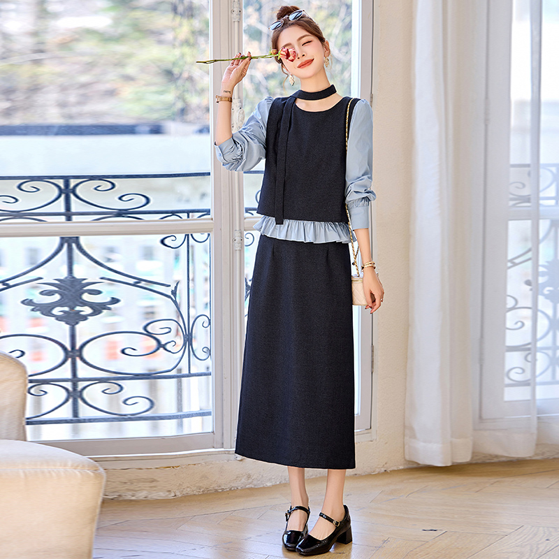 假两件衬衫中长半身裙套装