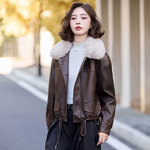 美拉德加绒皮衣短款外套女2024冬季新款今年流行减龄毛领PU皮棉服
