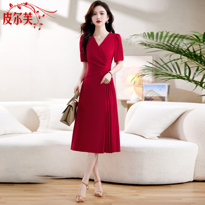 轻奢高级感红色名媛连衣裙女