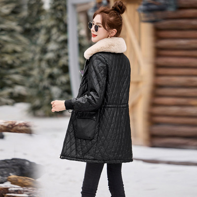 加绒加厚皮棉服中长款外套女