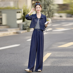 今年流行穿搭一整套女装2025春秋季新款牛仔外套背心阔腿裤三件套