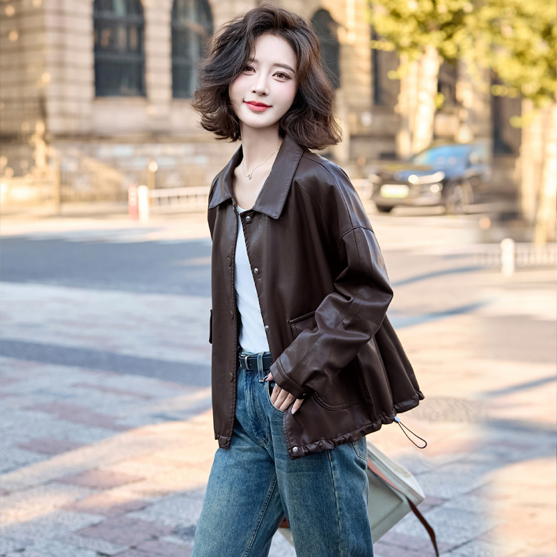 今年流行复古咖色pu皮衣外套女