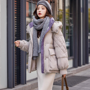 拼色保暖羽绒服中款女装2024新款冬季小个子加厚90白鸭绒连帽外套