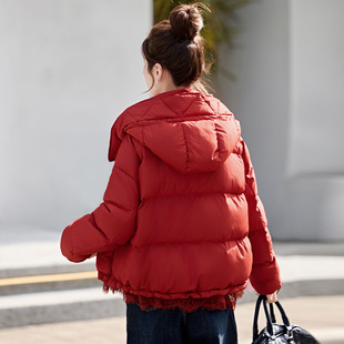 大红色超好看短款羽绒服女新款2025冬装新款连帽加厚白鸭绒短外套