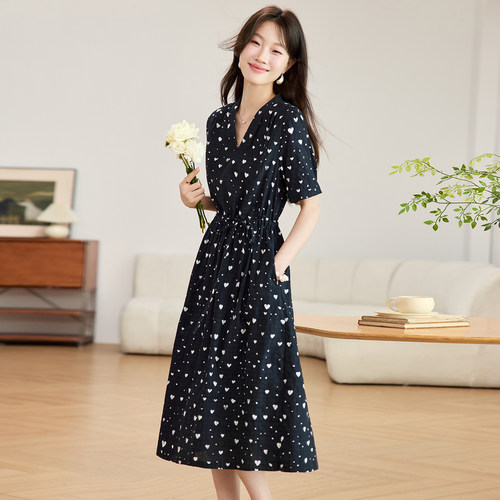 妈妈连衣裙女V领短袖碎花裙子