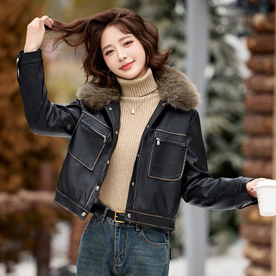 小个子毛领加绒皮衣外套女