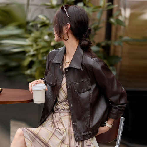 PU棒球服皮衣复古飞行员女夹克