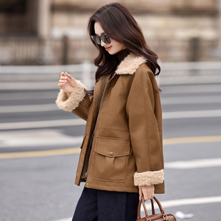 超好看高档宽松棉服外套女2025冬新款中长款翻领加绒加厚PU皮棉衣