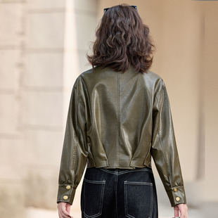 军绿色皮衣外套女短款春秋冬新款小个子酷飒气质复古翻领PU皮夹克