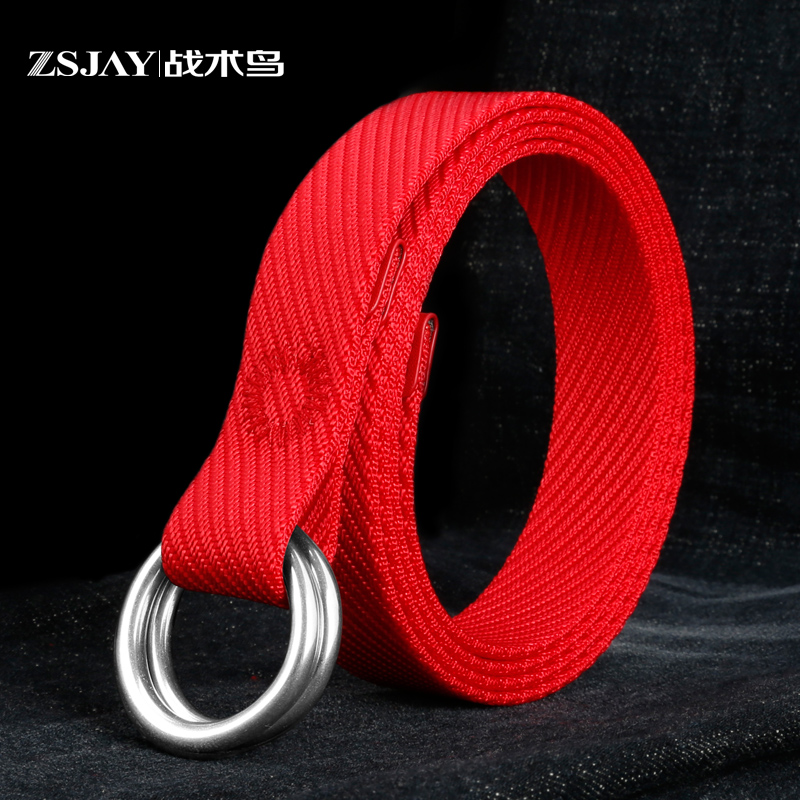 战术鸟百搭风双环扣红色帆布皮带