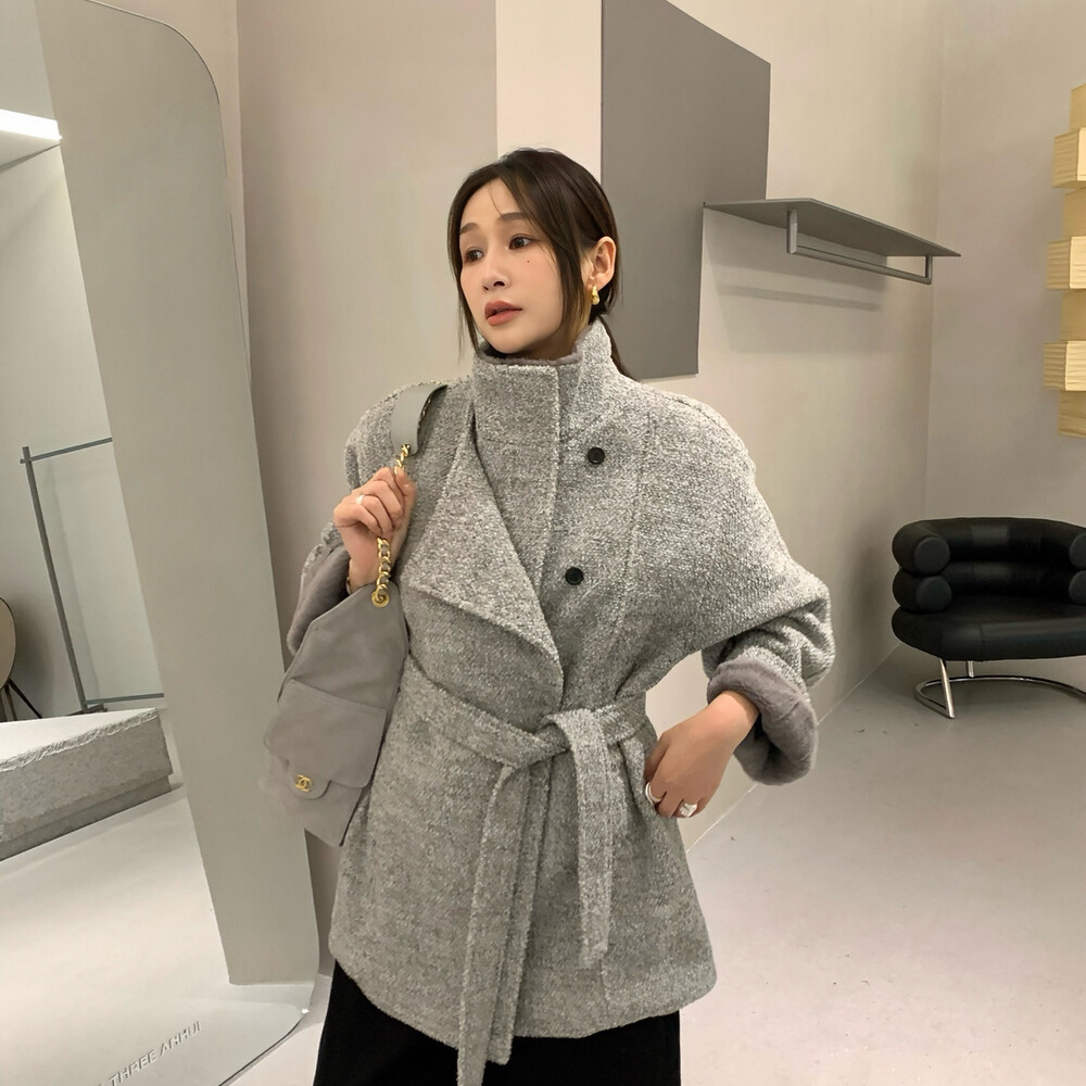 F.THREE三姐妹-立领中长款保暖羊毛外套(配腰带)(含74羊毛)98131a