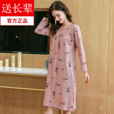 纯棉长袖中年过膝睡裙