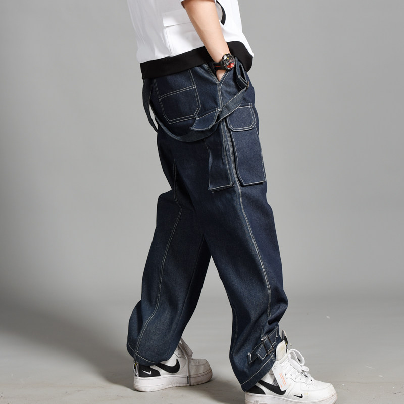 多口袋牛仔背带裤男压线嘻哈宽松吊带滑板裤少儿街舞团队定制240