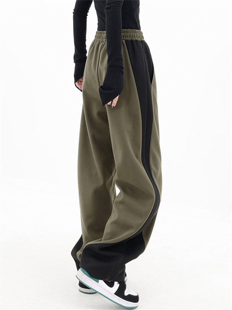 MK HIGH-QUALITY CONTRASTING STITCHING DRAPE WIDE-LEG PANTS WOMENS AUTUMN AND WINTER HIGH-WAISTED SLIMMING DESIGN CASUAL WOOLEN SWEATPANTS
