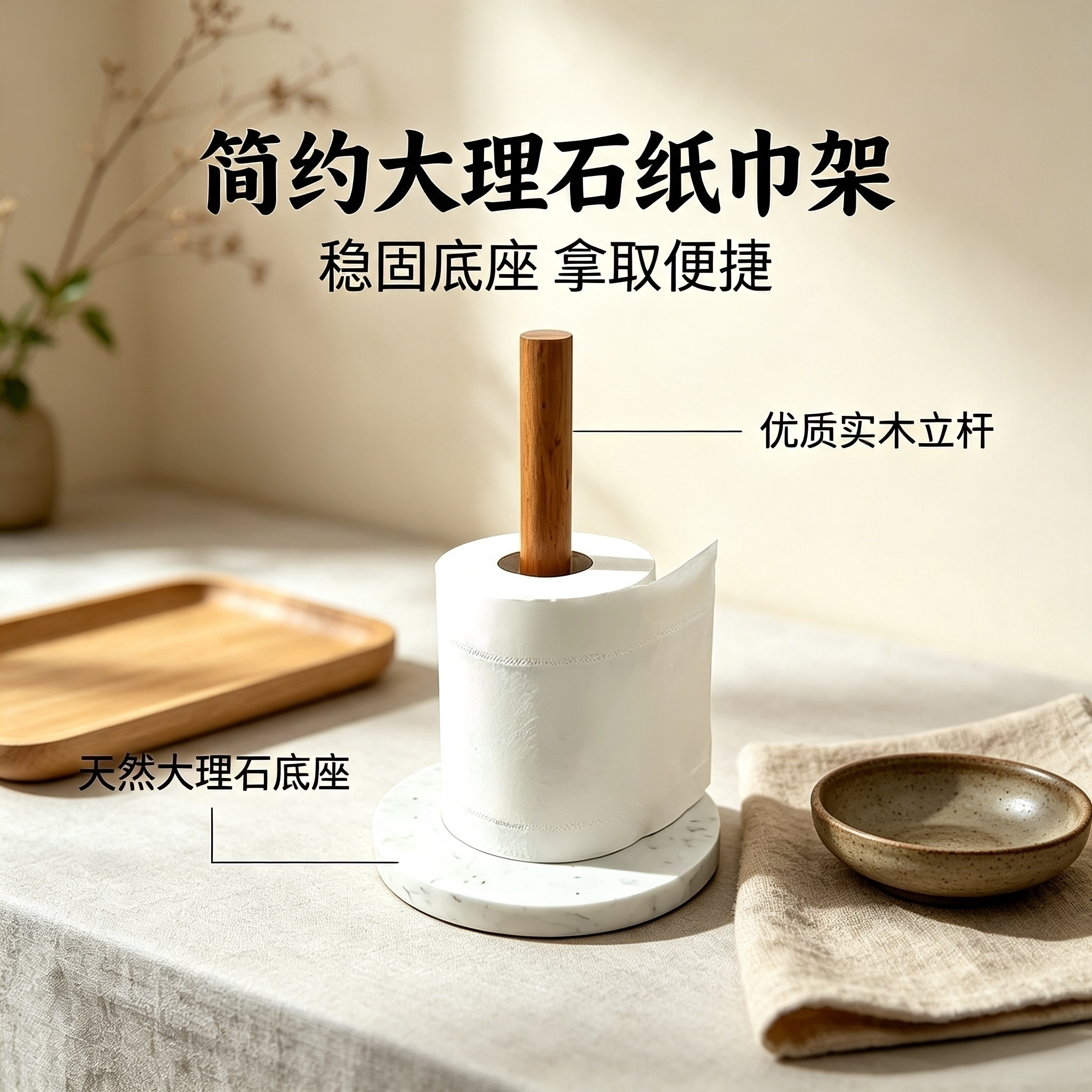 日式大理石木制卷纸纸巾筒厨房餐厅简约立式厨房卷纸保鲜膜收纳架
