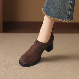 羊翻皮/6cm复古绝美圆头深口磨砂单鞋2026春秋季新款中跟真皮女鞋